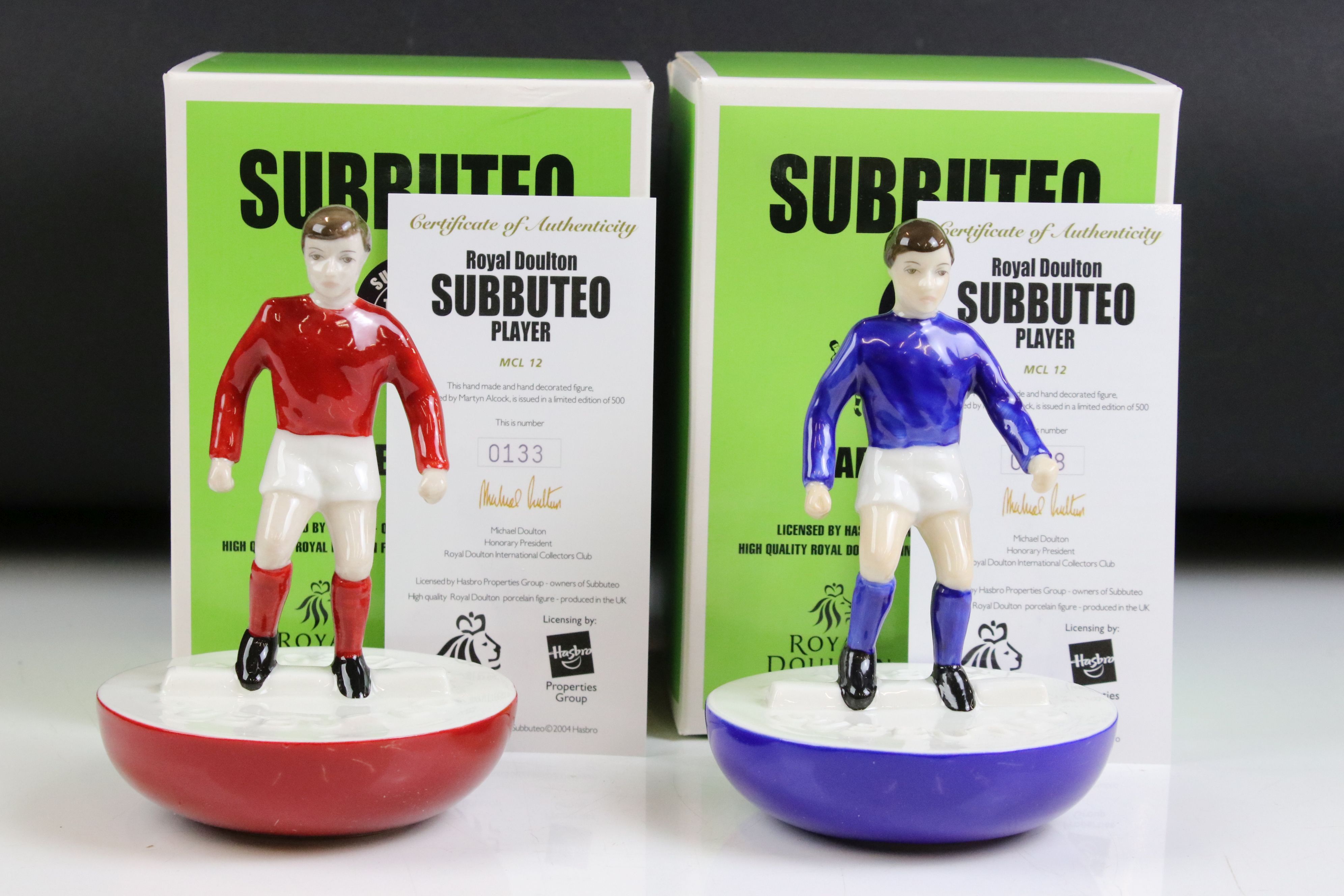 Two Royal Doulton Limited Edition Ceramic Subbuteo Players, MCL 12, one in red shirt and white