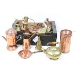 A collection of mixed brass and copper ware to include kettles, water can, ladle and pan.