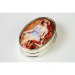 Silver oval shaped pill box with nude enamel panel