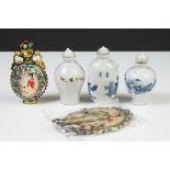 A collection of three Chinese porcelain scent bottles together with a Chinese folding hand mirror