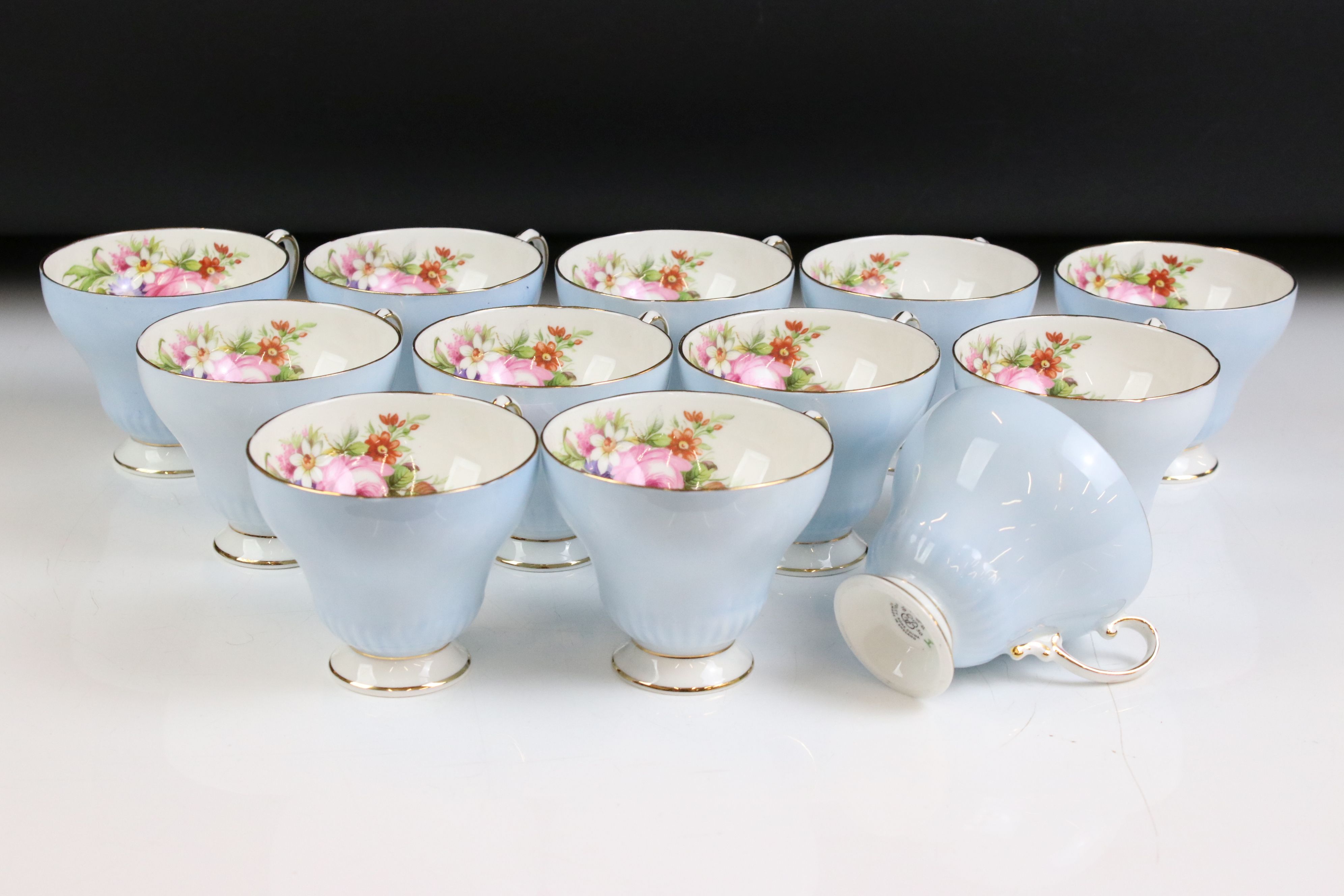 Foley floral tea set in pale blue (pattern 3125) comprising of a teapot & cover, 12 teacups, 11 - Image 11 of 13