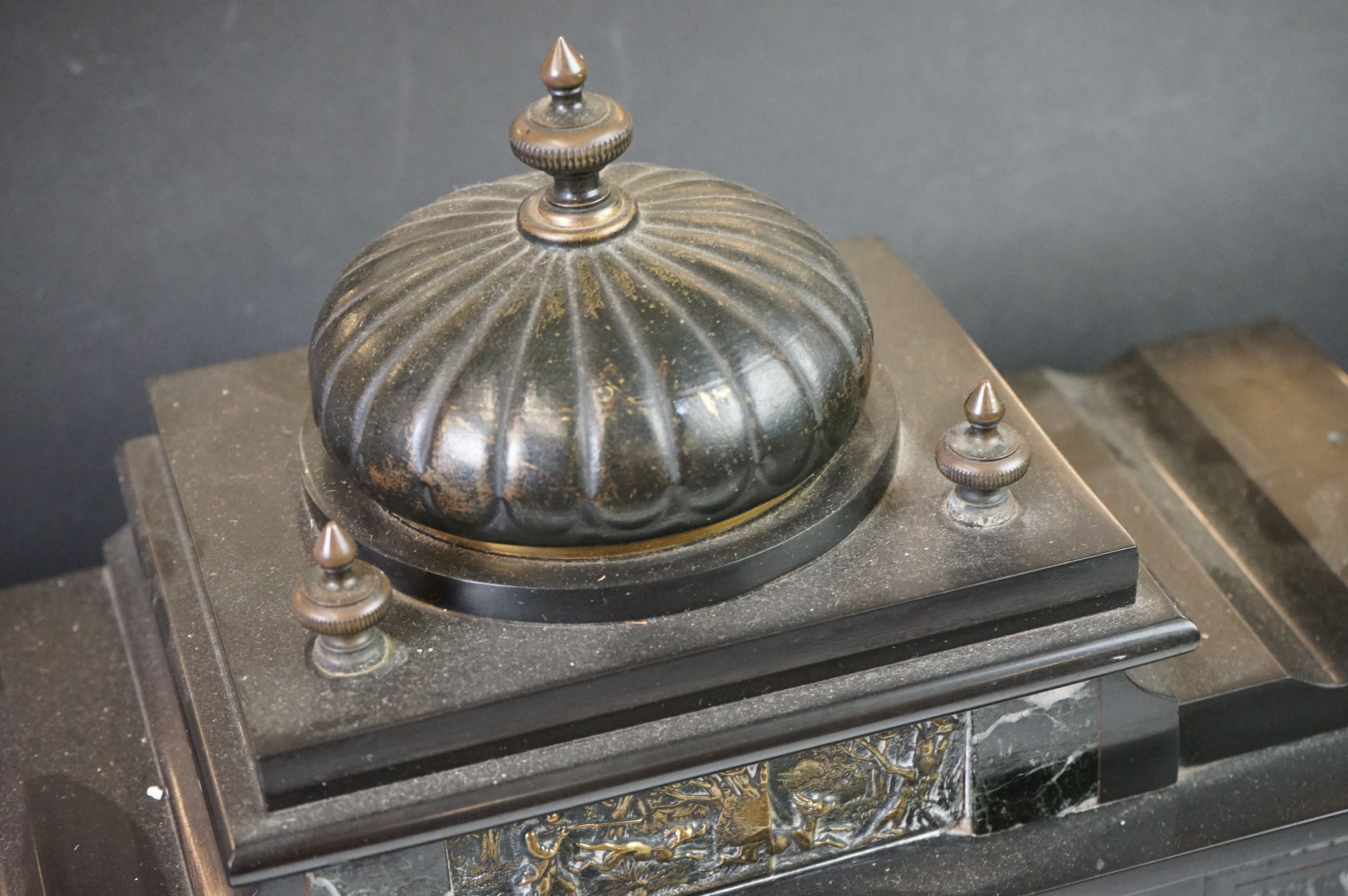 Victorian Architectural Slate and Marble Mantle Clock, the gilt and enamel dial with Roman numerals, - Image 8 of 13