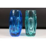 Two Sklo Union ' Lens ' vases by Rudolf Schrotter in Cobalt blue and turquoise colourways. 15cm high