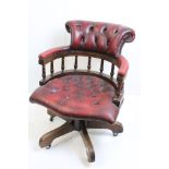 Victorian style ' Ring Mekanikk of Norway ' Red Button Leather Upholstered Swivel Office Elbow