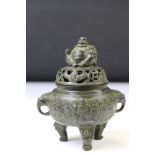 Chinese bronze censer with ' Happy Buddha ' finial to lid and six-character seal mark to base.