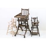 A children's metamorphic high chair together with two dolls high chairs.