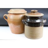 Stoneware bread crock & cover (31.5cm high) together with a further stoneware twin-handled jar &