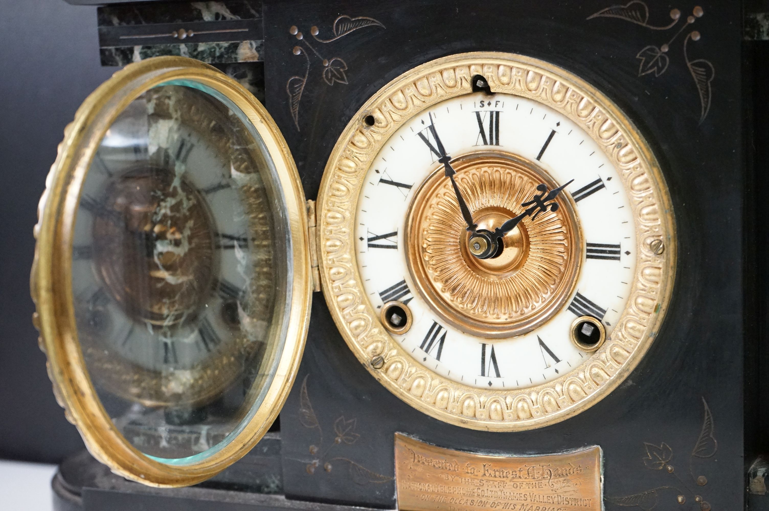 Victorian Architectural Slate and Marble Mantle Clock, the gilt and enamel dial with Roman numerals, - Image 5 of 13