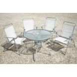 Glass Top Circular Garden / Patio Table with Four matching Folding Chairs, table measures 80cm