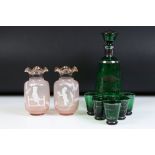 Italian green glass liqueur set with silver overlay (comprising decanter & stopper & 6 glasses),