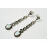 Pair of silver and marcasite drop earrings with opal panels