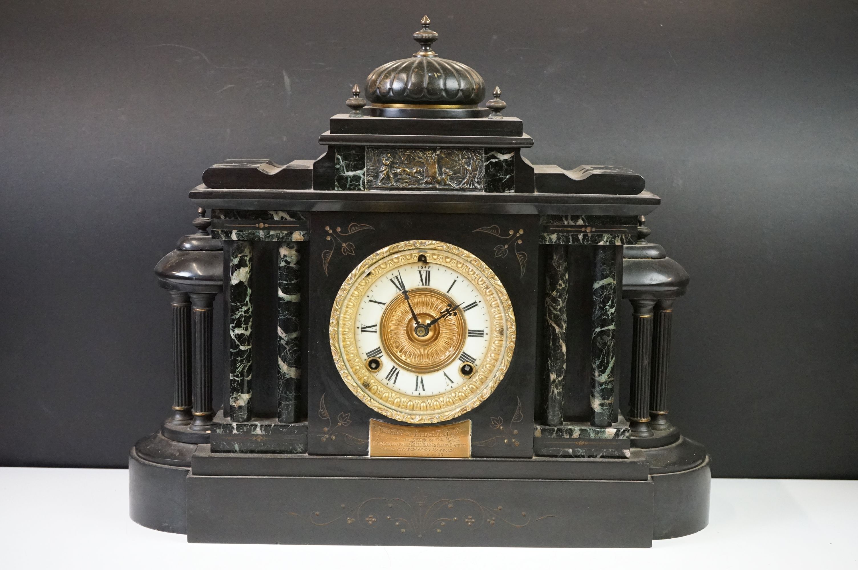 Victorian Architectural Slate and Marble Mantle Clock, the gilt and enamel dial with Roman numerals,