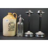 A stoneware jar from Smith Bros & Co of Bath together with a soda siphon and two floor standing