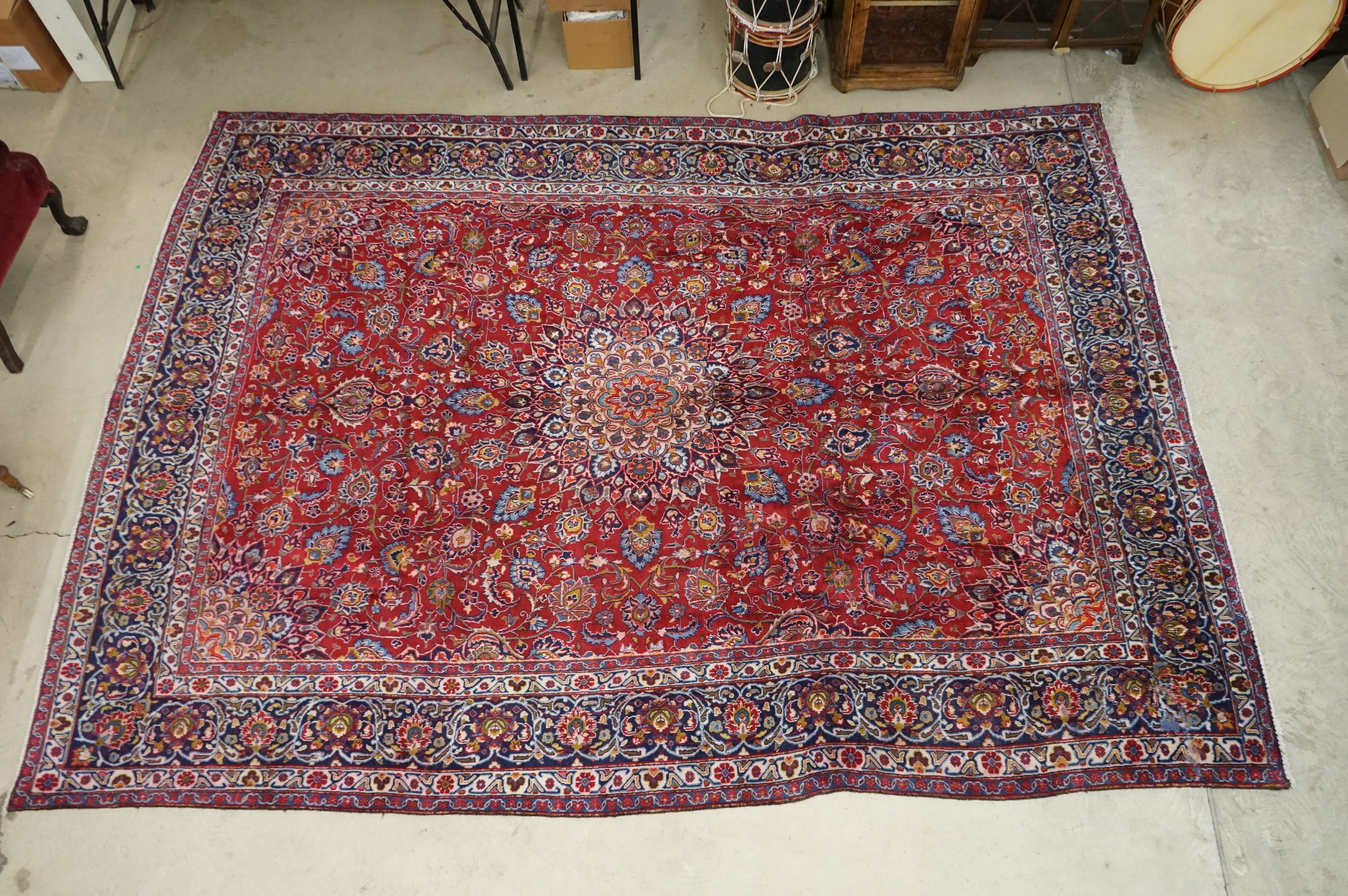 Large Red and Blue Ground Wool Persian Qashqai Carpet with sharbas medallion design, approx. 290cm x