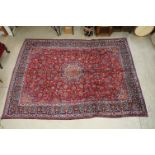 Large Red and Blue Ground Wool Persian Qashqai Carpet with sharbas medallion design, approx. 290cm x