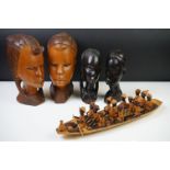 Pair of Nigerian carved hardwood busts (20cm high), together with a further pair of carved African