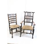 Two 19th century Ash Lancashire Elbow Chairs with spindle backs and rush seats, largest 61cm wide