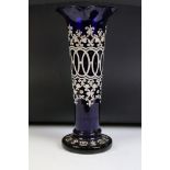 Victorian Blue Glass Vase with wavy rim and enamelled overlaid decoration, 35cm high