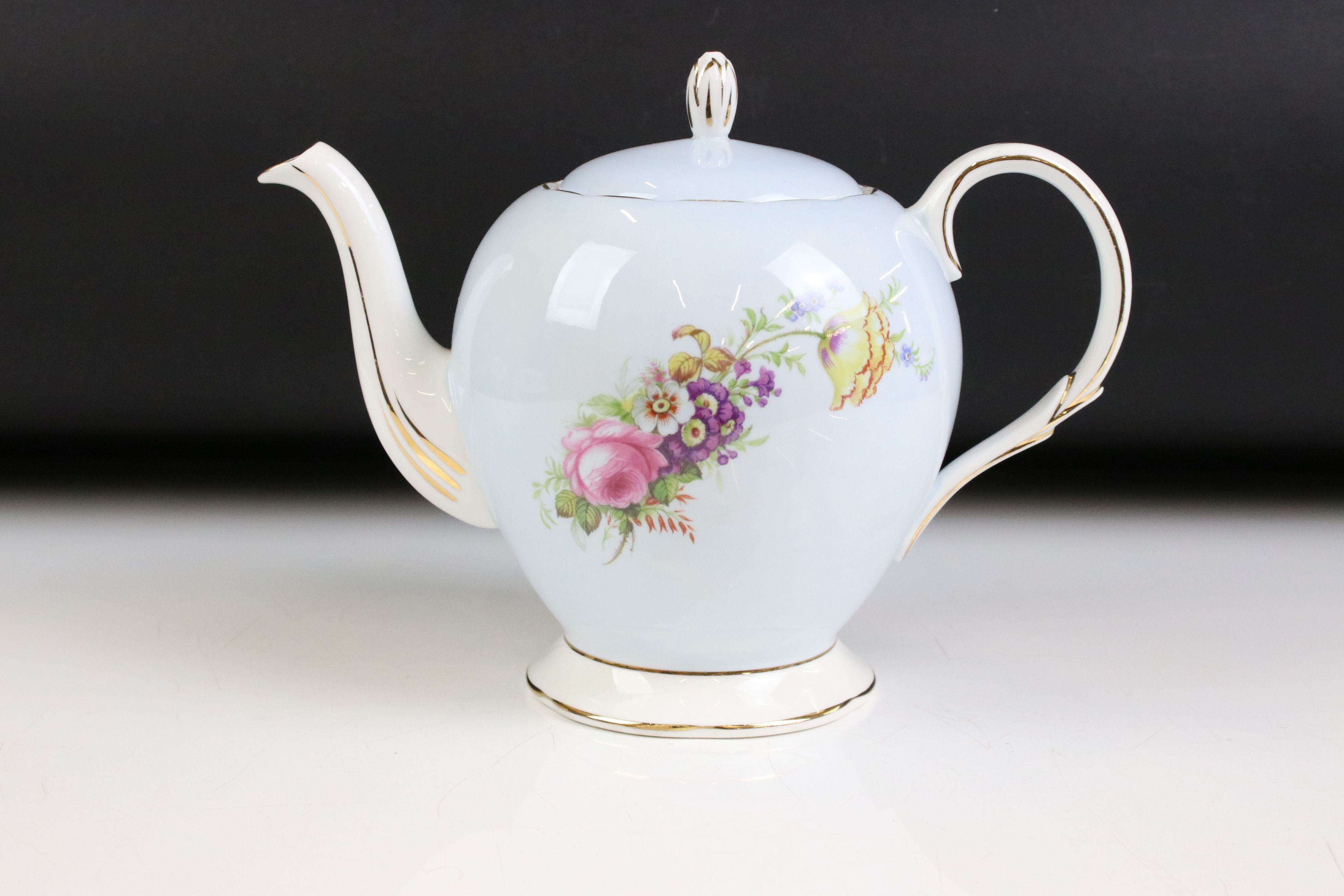 Foley floral tea set in pale blue (pattern 3125) comprising of a teapot & cover, 12 teacups, 11 - Image 5 of 13