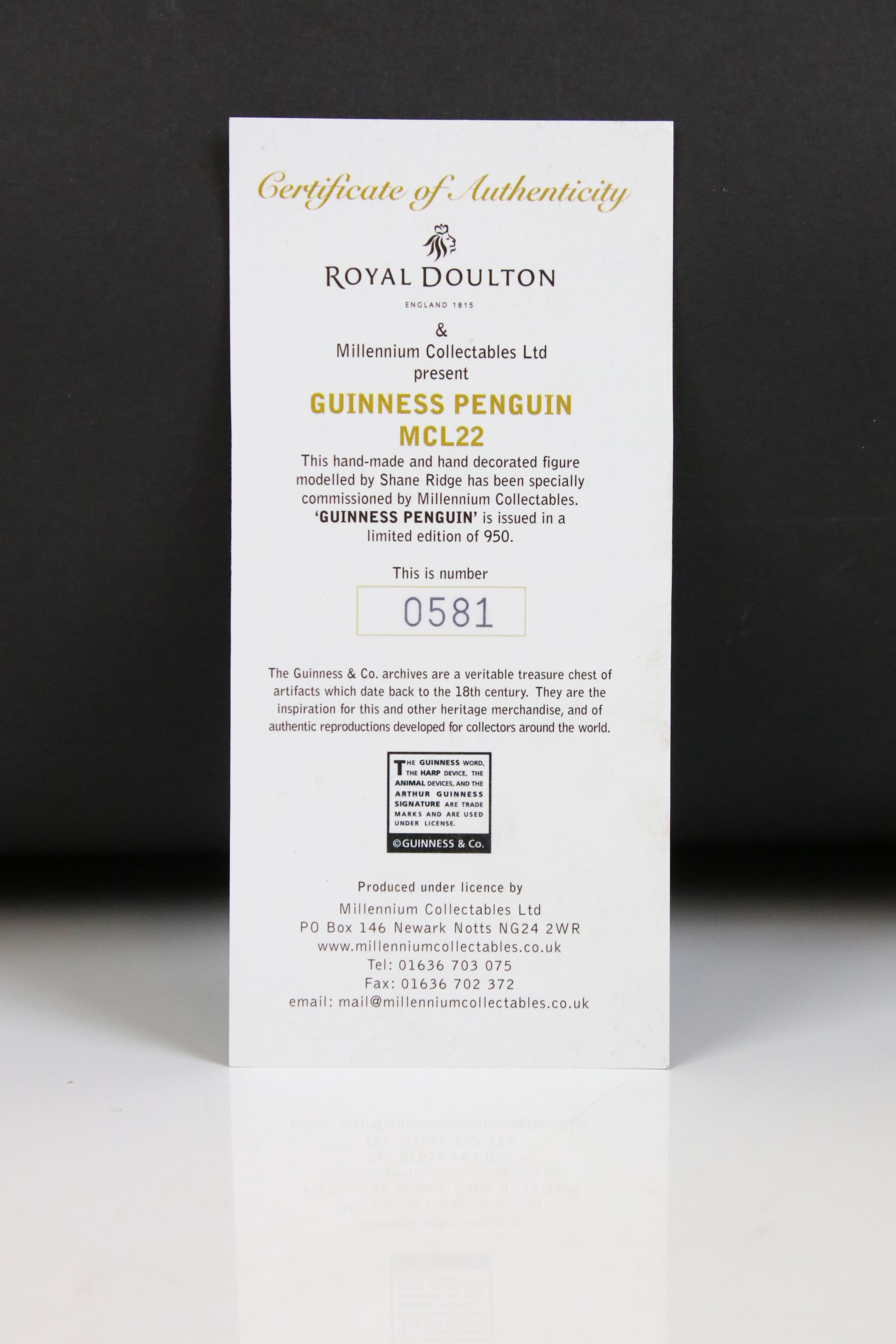 Royal Doulton Guinness Penguin, MCL22, limited edition number 581, with certificate of - Image 5 of 8