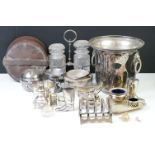 A collection of mixed silver plate to include Champagne bucket, toast rack, cruet set...etc together