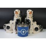 Pair of Staffordshire pottery seated dogs with gilt details (31cm high), together with a Wedgwood