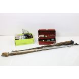 A collection of vintage fishing tackle to include split cane rod, a selection of reels and flies...