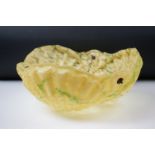 Art Deco uranium glass ceiling light shade of shell form, in mottled yellow with green streaks, with