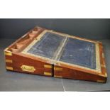 19th century large mahogany campaign-style brass bound writing slope, opening to a blue lined