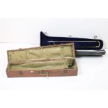 Cased American trombone & a wooden carrying case for a musical instrument