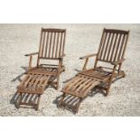 Pair of Steamer style Teak Garden / Patio Folding Sun Loungers with cushion pads