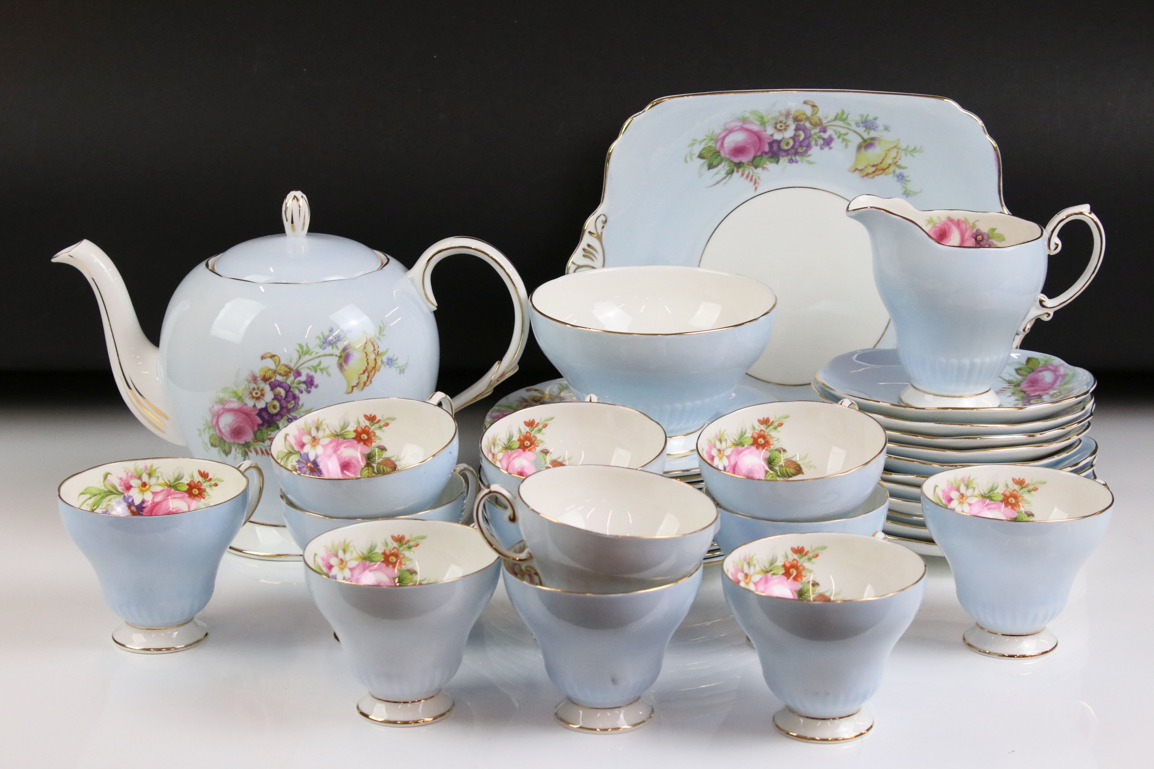 Foley floral tea set in pale blue (pattern 3125) comprising of a teapot & cover, 12 teacups, 11