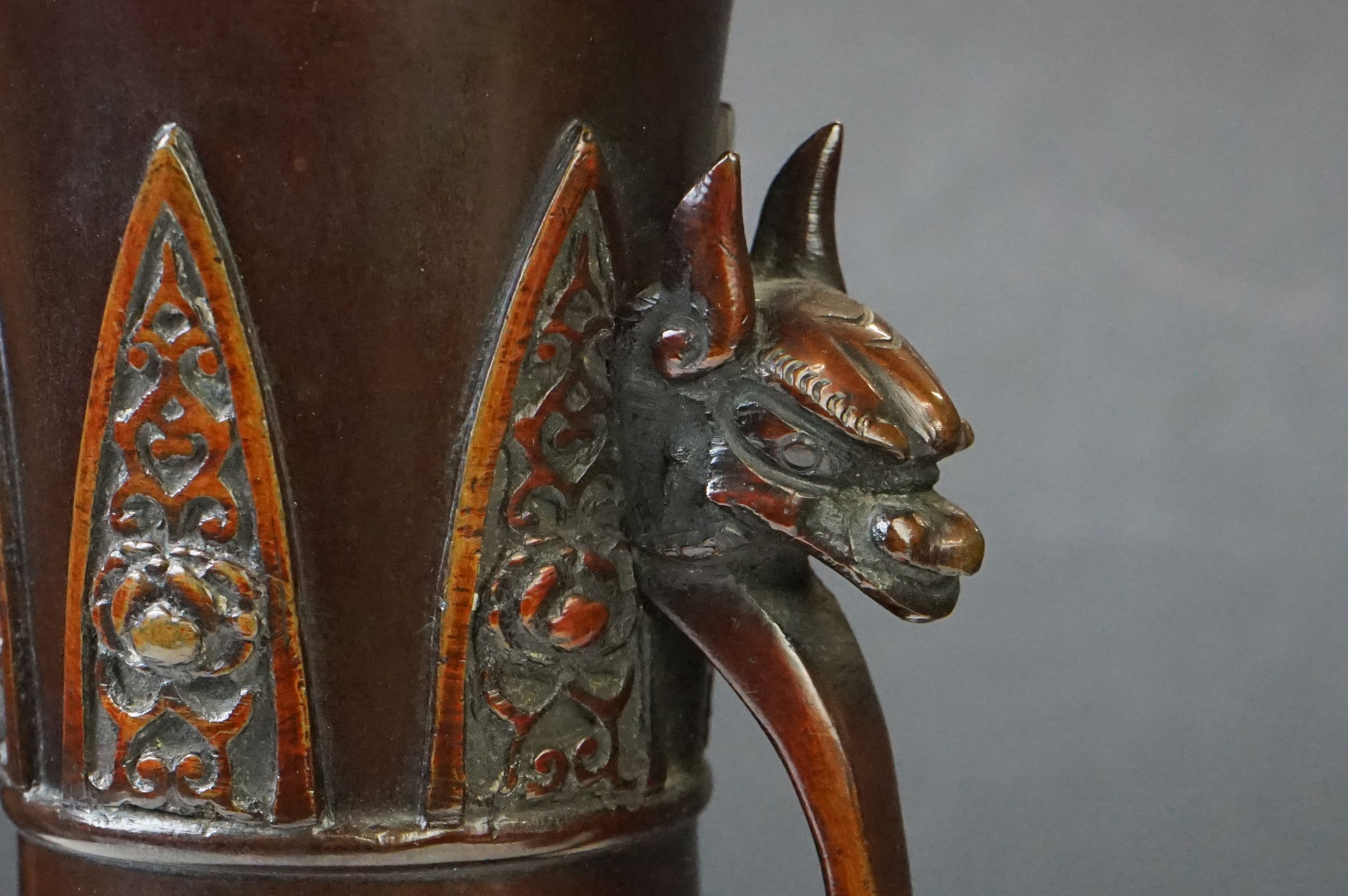 Near pair of Japanese bronze twin-handled bottle vases, with relief ornithological decoration and - Image 6 of 14