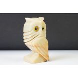 Carved onyx owl sculpture, with glass eyes, 13.5cm high