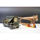 Copper & brass bugle with applied U.S Cavalry brass insignia, together with a Willys US Army Jeep