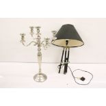 Large five-light cast metal candelabrum, with moveable branches (approx 69cm high), together with