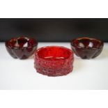 Whitefriars red textured bark ashtray / shallow bowl, 12.5cm diameter and a pair of Whitefriars