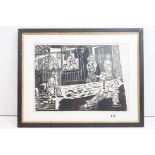 Oriental school woodblock scene with street performer and audience, signed, measures approx 55cm x