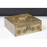 Early 20th century Chinese brass cigarette box with inset carved jade circular panel, wood lined.