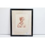 Paul Rayon 1843-1888 framed etching in sanguine portrait of a young lady, measures approx 29cm x