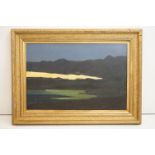 Gilt framed oil painting of an extensive coastal view with distant fishing boats off shore, under