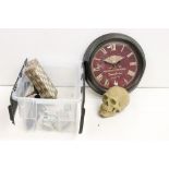 A box of mixed collectables to include a wall clock, desk clock, paper knife, pipe and a resin