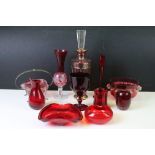 Bohemian glass decanter, of cranberry colour, with gilt decoration, 30cm high, two Cranberry glass