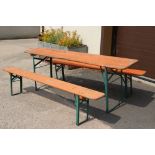 German style Festival / Beer Bench Set comprising orange painted pine table with metal folding legs,