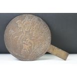 Japanese brass hand mirror with cast decoration depicting cranes and character marks. Measures 28.