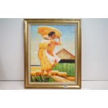 An impressionist oil painting portrait of a ladies with parasol beside beach hut signed M Field,
