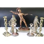 Group of mixed metal ware to include a large pair of Victorian brass candlesticks (29cm high), a