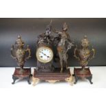 Early 20th century French spelter & marble clock garniture, the clock with white enamel dial, housed