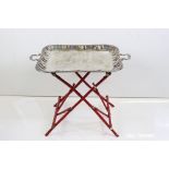 Large Silver Plated Twin Handle Serving / Butler's Tray held on a folding Red Painted Bamboo