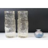 Isle of Wight iridescent glass vase of squat form, 6cm high and a pair of Whitefriars style Clear